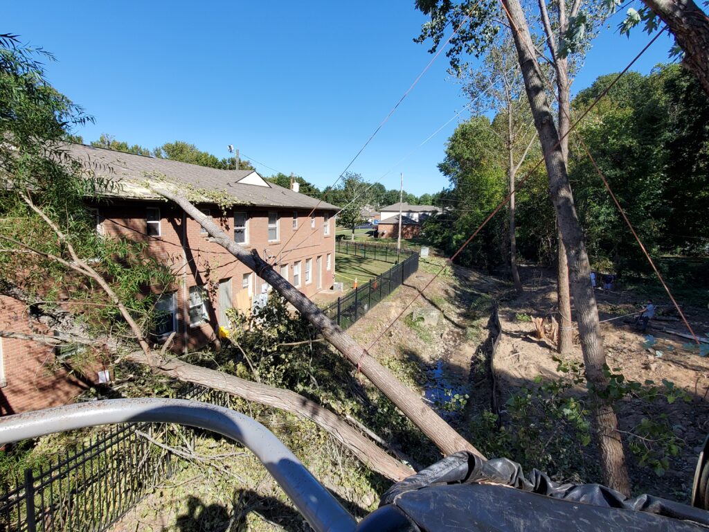 Cutting a tree that fell on a house.